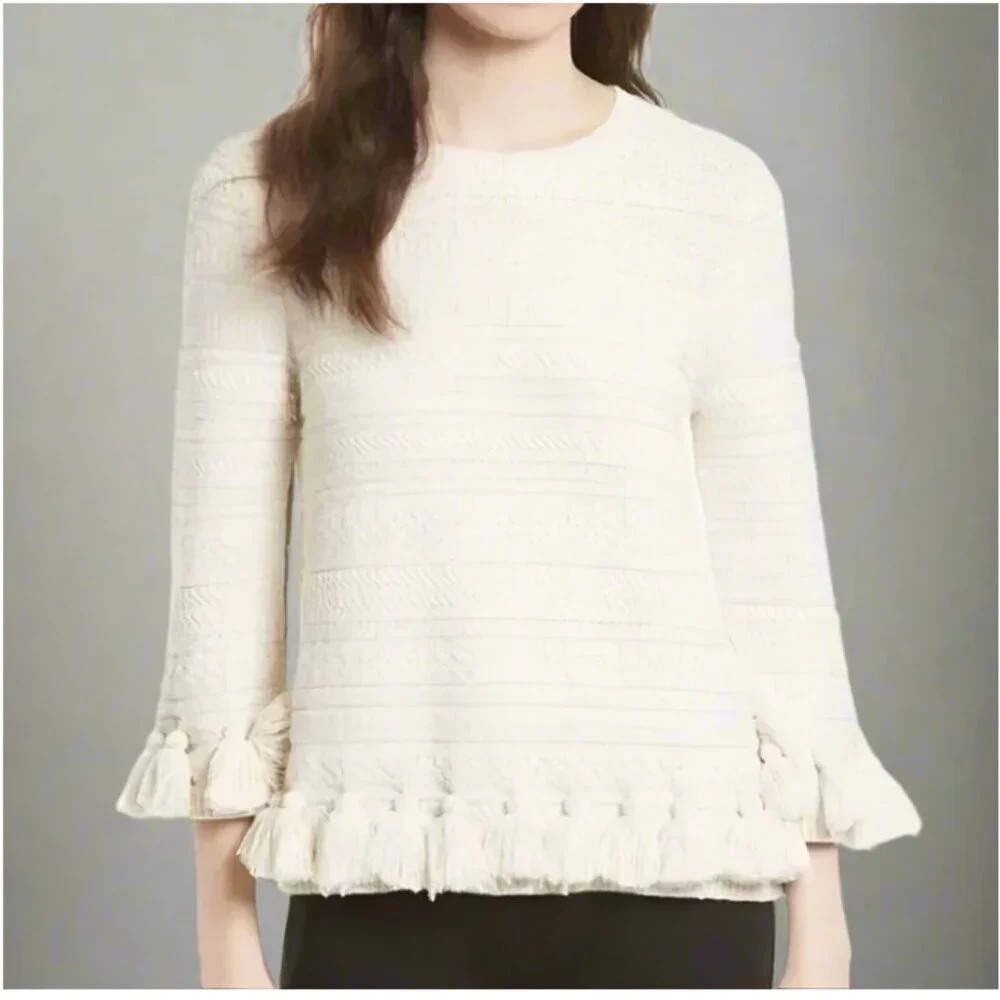 Kate Spade Womens Medium Beige Cotton Chunky Knit Sweater Pompom Hem Crewneck